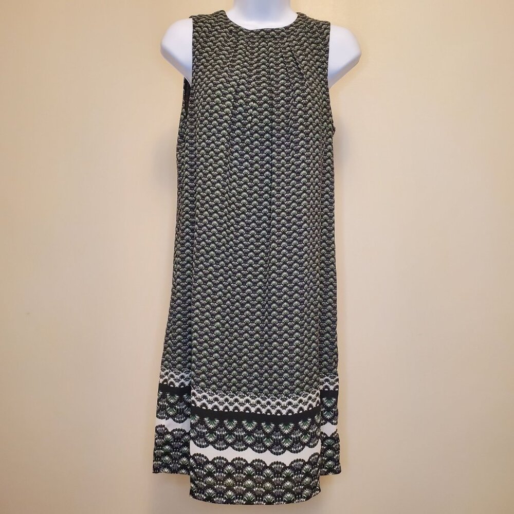 H&M Sleeveless Green Black Patterned Shift Dress with Back Ties at Neck - (6)